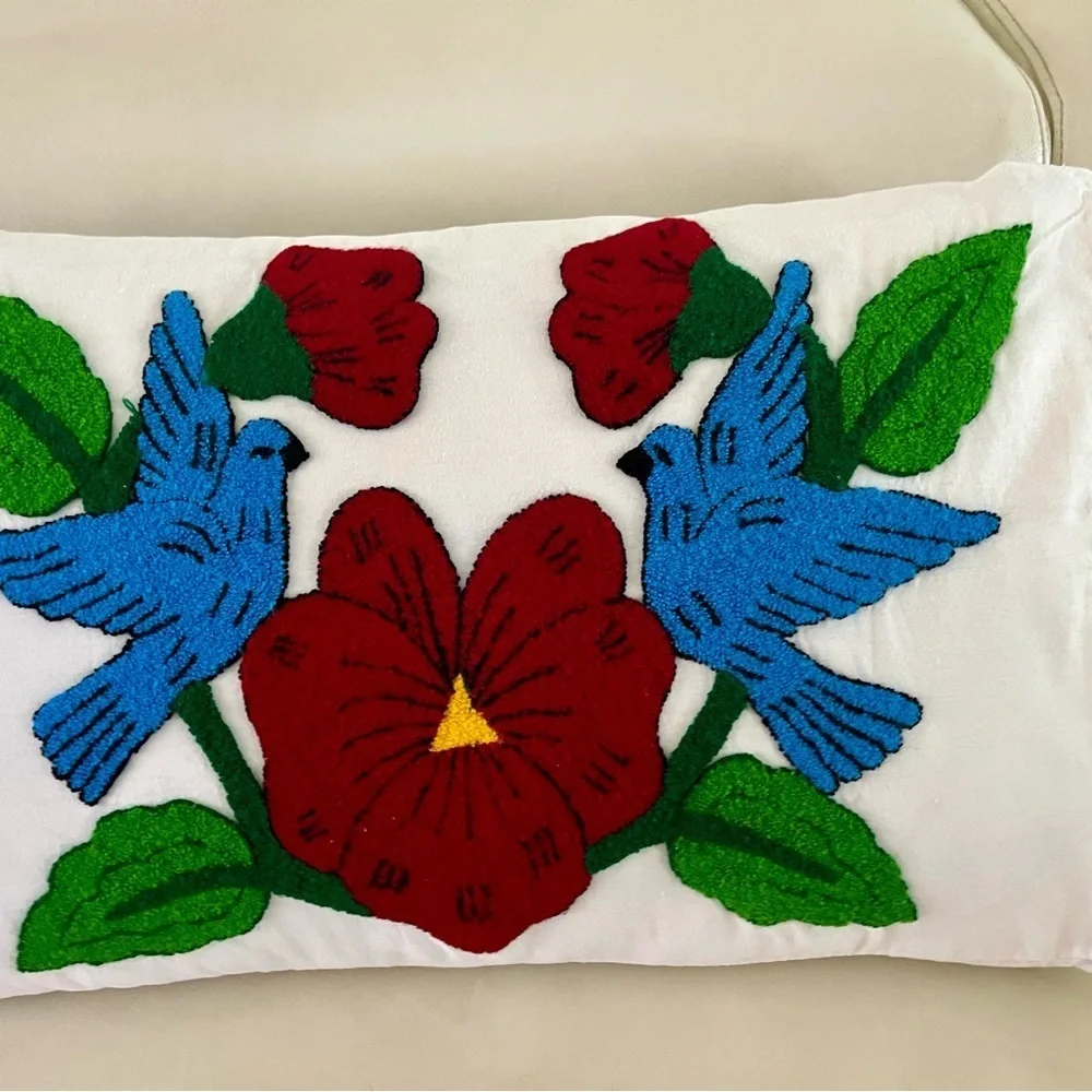 Embroidered Pillow with Birds and Flowers 17/26 inches